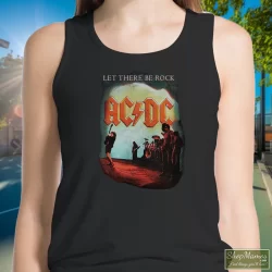ACDC Let There Be Rock Rock Band Shirt 5 Women's Acdc Let There Be Rock Rock Band Tank Top In Black, Front View On Light Wood Background
