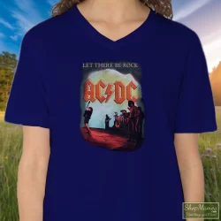 ACDC Let There Be Rock Rock Band Shirt 8 Women's Acdc Let There Be Rock Rock Band V Neck In Navy, Front View On Light Wood Background