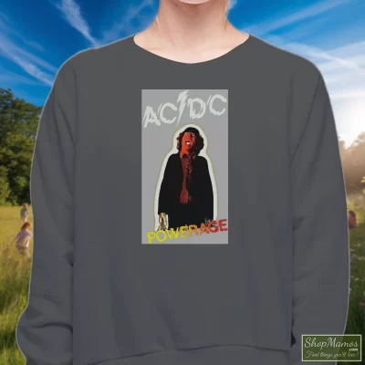 Women's Acdc Powerage Rock Band Legend Sweatshirt In Charcoal, Front View On Dark Wood Background