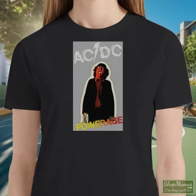 Women's Acdc Powerage Rock Band Legend T Shirt In Black, Front View On Light Wood Background