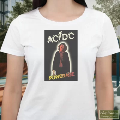 Women's Acdc Powerage Rock Band Legend T Shirt In White, Front View On Dark Wood Background