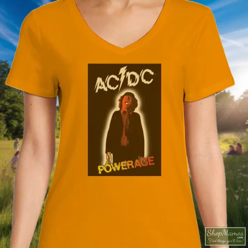 Acdc Powerage Rock Band Legend Women’s V Neck – Orange Front View On Dark Wood Background Women's Acdc Powerage Rock Band Legend V Neck In Orange, Front View On Dark Wood Background