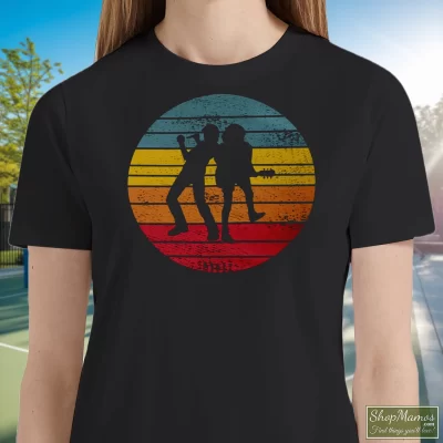 Women's Acdc Rock Band Retro T Shirt In Black, Front View On Light Wood Background