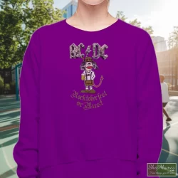 ACDC Rocktoberfest Or Bust Angus Young Cartoon Beer Can Shirt 9 Women's Acdc Rocktoberfest Or Bust Angus Young Cartoon Beer Can Sweatshirt In Purple, Front View On Light Wood Background