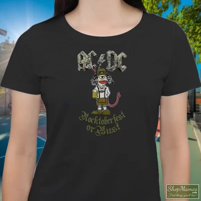 Women's Acdc Rocktoberfest Or Bust Angus Young Cartoon Beer Can T Shirt In Black, Front View On Light Wood Background