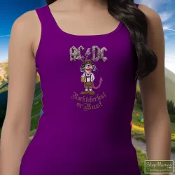 ACDC Rocktoberfest Or Bust Angus Young Cartoon Beer Can Shirt 8 Women's Acdc Rocktoberfest Or Bust Angus Young Cartoon Beer Can Tank Top In Purple, Front View On Light Wood Background