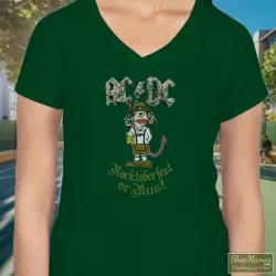 ACDC Rocktoberfest Or Bust Angus Young Cartoon Beer Can Shirt 5 Women's Acdc Rocktoberfest Or Bust Angus Young Cartoon Beer Can V Neck In Forest Green, Front View On Light Wood Background