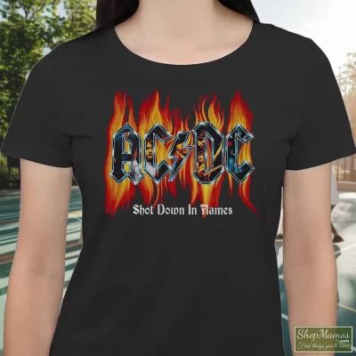 Women's Acdc Shot Down In Flames Black Music T Shirt In Black, Front View On Light Wood Background