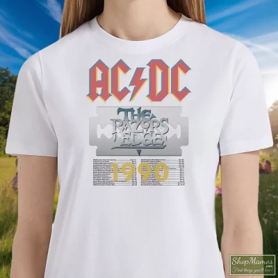 Women's Acdc The Razors Edge Tour 1990 Classic T Shirt In White, Front View On Dark Wood Background