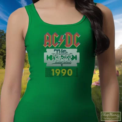 Women's Acdc The Razors Edge Tour 1990 Classic Tank Top In Irish Green, Front View On Light Wood Background