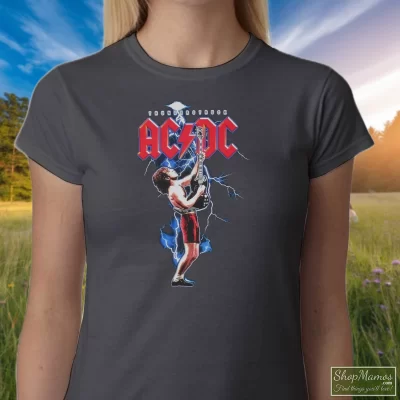 Women's Acdc Thunderstruck Ft Lauderdale Event 2016 Angus T Shirt In Charcoal, Front View On Dark Wood Background