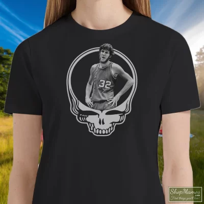 Women's Bill Walton Rip Grateful Dead Big Bill Vintage T Shirt In Black, Front View On Light Wood Background
