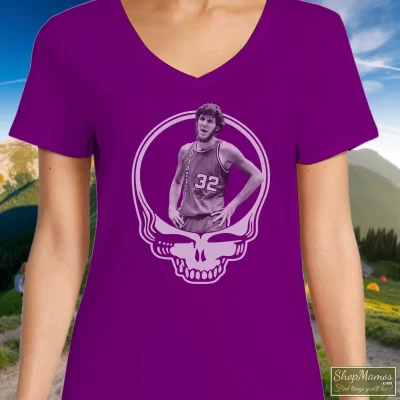 Women's Bill Walton Rip Grateful Dead Big Bill Vintage V Neck In Purple, Front View On Light Wood Background