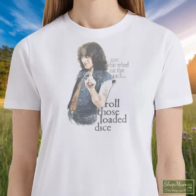 Women's Bon Scott Legend Music ACDC T Shirt In White, Front View On Dark Wood Background