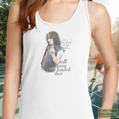 Women's Bon Scott Legend Music ACDC Tank Top In White, Front View On Dark Wood Background