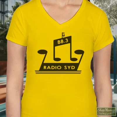 Women's Brian Jones Radio Syd Rolling Stones V Neck In Yellow, Front View On Dark Wood Background