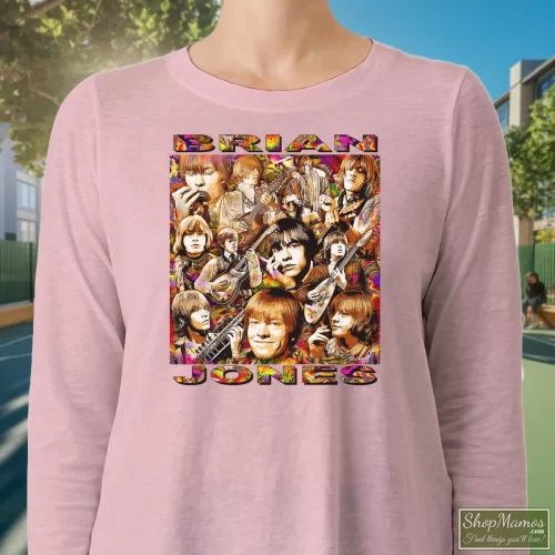 Brian Jones Rolling Stones Women’s Long Sleeve – Light Pink Front View On Dark Wood Background Women's Brian Jones Rolling Stones Long Sleeve In Light Pink, Front View On Dark Wood Background