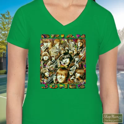 Women's Brian Jones Rolling Stones V Neck In Irish Green, Front View On Light Wood Background