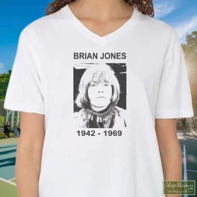 Women's Brian Jones The Rolling Stones 1942 1969 V Neck In White, Front View On Dark Wood Background
