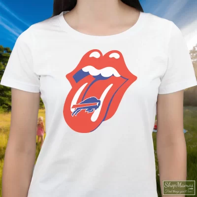 Women's Buffalo Bills Rolling Stones Tongue T Shirt In White, Front View On Dark Wood Background