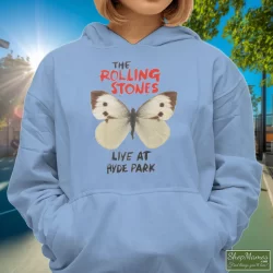 Butterfly Rolling Stones Live At Hyde Park Shirt 9 Women's Butterfly Rolling Stones Live At Hyde Park Hoodie In Light Blue, Front View On Dark Wood Background