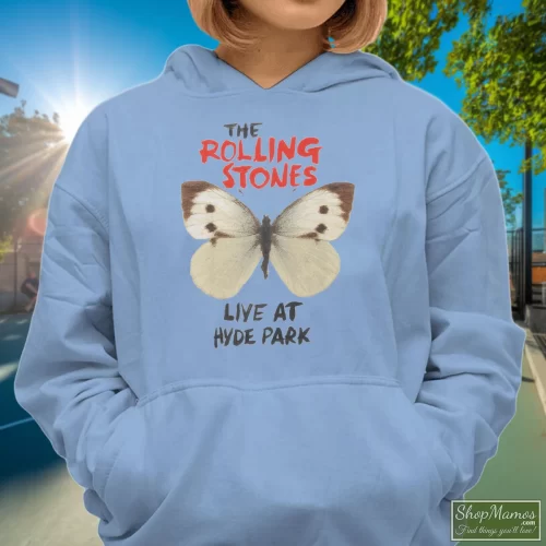 Butterfly Rolling Stones Live At Hyde Park Women’s Hoodie – Light Blue Front View On Dark Wood Background Women's Butterfly Rolling Stones Live At Hyde Park Hoodie In Light Blue, Front View On Dark Wood Background
