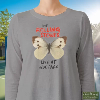 Women's Butterfly Rolling Stones Live At Hyde Park Long Sleeve In Sport Grey, Front View On Dark Wood Background