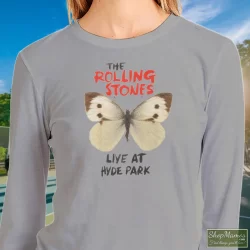 Butterfly Rolling Stones Live At Hyde Park Shirt 6 Women's Butterfly Rolling Stones Live At Hyde Park Sweatshirt In Sport Grey, Front View On Dark Wood Background