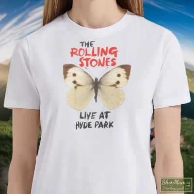 Women's Butterfly Rolling Stones Live At Hyde Park T Shirt In White, Front View On Dark Wood Background