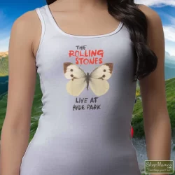 Butterfly Rolling Stones Live At Hyde Park Shirt 11 Women's Butterfly Rolling Stones Live At Hyde Park Tank Top In White, Front View On Dark Wood Background