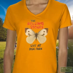 Butterfly Rolling Stones Live At Hyde Park Shirt 4 Women's Butterfly Rolling Stones Live At Hyde Park V Neck In Orange, Front View On Dark Wood Background