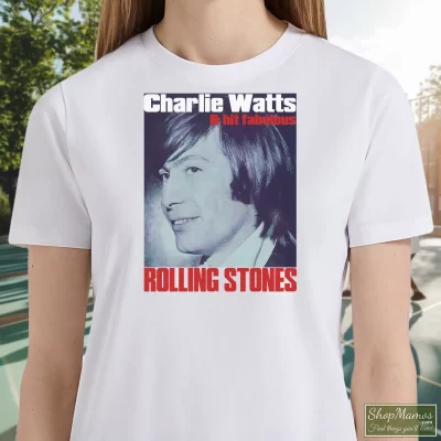 Women's Charlie Watts Rolling Stones Drummer 90s Promotion T Shirt In White, Front View On Dark Wood Background