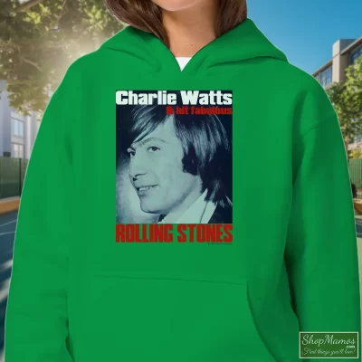 Women's Charlie Watts Rolling Stones Drummer Hoodie In Irish Green, Front View On Light Wood Background