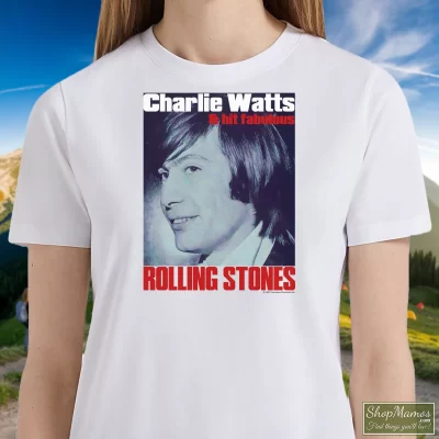 Women's Charlie Watts Rolling Stones Drummer T Shirt In White, Front View On Dark Wood Background