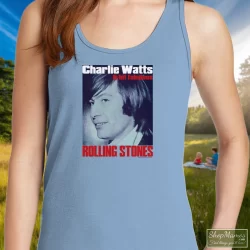 Charlie Watts Rolling Stones Drummer Shirt 8 Women's Charlie Watts Rolling Stones Drummer Tank Top In Light Blue, Front View On Dark Wood Background