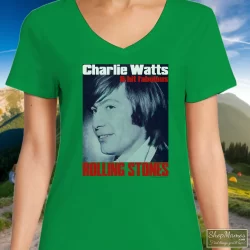 Charlie Watts Rolling Stones Drummer Shirt 6 Women's Charlie Watts Rolling Stones Drummer V Neck In Irish Green, Front View On Light Wood Background