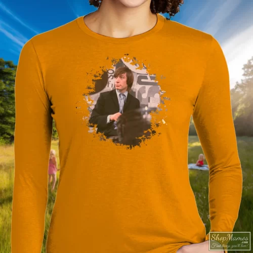 Charlie Watts Rolling Stones Women’s Long Sleeve – Orange Front View On Dark Wood Background Women's Charlie Watts Rolling Stones Long Sleeve In Orange, Front View On Dark Wood Background
