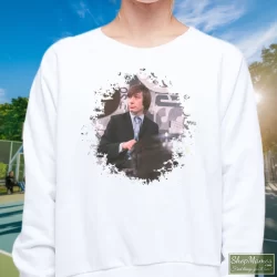 Charlie Watts Rolling Stones Shirt 9 Women's Charlie Watts Rolling Stones Sweatshirt In White, Front View On Dark Wood Background