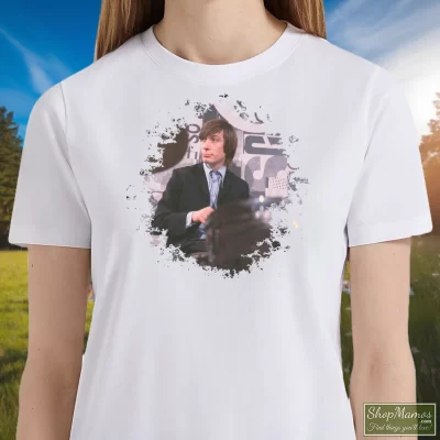 Women's Charlie Watts Rolling Stones T Shirt In White, Front View On Dark Wood Background