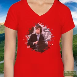 Charlie Watts Rolling Stones Shirt 4 Women's Charlie Watts Rolling Stones V Neck In Red, Front View On Dark Wood Background