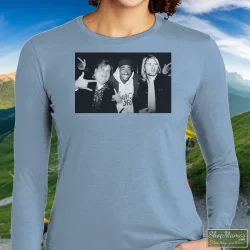 Chris Farley Tupac Shakur And Kurt Cobain Partying Shirt 90s Streetwear Hip Hop Er 2pac 2 Women's Chris Farley Tupac Shakur And Kurt Cobain Partying 90s Streetwear Hip Hop Er 2pac Long Sleeve In Light Blue, Front View On Dark Wood Background