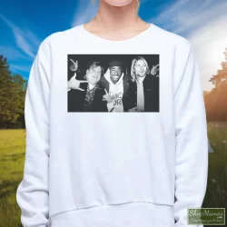 Chris Farley Tupac Shakur And Kurt Cobain Partying Shirt 90s Streetwear Hip Hop Er 2pac 7 Women's Chris Farley Tupac Shakur And Kurt Cobain Partying 90s Streetwear Hip Hop Er 2pac Sweatshirt In White, Front View On Dark Wood Background