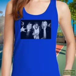 Chris Farley Tupac Shakur And Kurt Cobain Partying Shirt 90s Streetwear Hip Hop Er 2pac 3 Women's Chris Farley Tupac Shakur And Kurt Cobain Partying 90s Streetwear Hip Hop Er 2pac Tank Top In Royal Blue, Front View On Light Wood Background