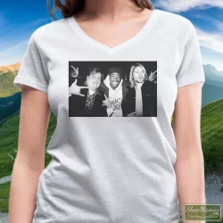 Chris Farley Tupac Shakur And Kurt Cobain Partying Shirt 90s Streetwear Hip Hop Er 2pac 4 Women's Chris Farley Tupac Shakur And Kurt Cobain Partying 90s Streetwear Hip Hop Er 2pac V Neck In White, Front View On Dark Wood Background