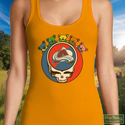 Colorado Avalanche Grateful Dead Steal Your Face Hockey NHL Women’s Tank Top – Orange Front View On Dark Wood Background Women's Colorado Avalanche Grateful Dead Steal Your Face Hockey NHL Tank Top In Orange, Front View On Dark Wood Background
