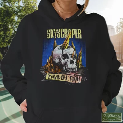 Women's David Lee Roth Tour Van Halen Dokken Acdc Ratt Kiss La Guns Roses Crue Hoodie In Black, Front View On Light Wood Background