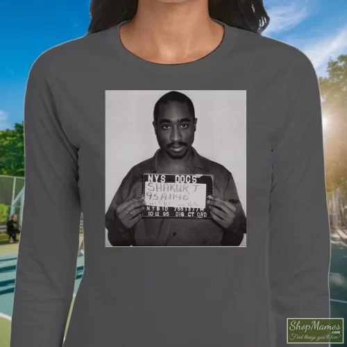 Death Row Snoop Mugshot Tupac Shakur Graphic Women’s Long Sleeve – Charcoal Front View On Dark Wood Background Women's Death Row Snoop Mugshot Tupac Shakur Graphic Long Sleeve In Charcoal, Front View On Dark Wood Background