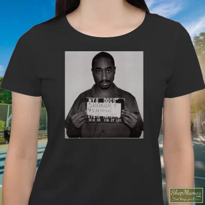Women's Death Row Snoop Mugshot Tupac Shakur Graphic T Shirt In Black, Front View On Light Wood Background