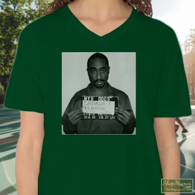 Women's Death Row Snoop Mugshot Tupac Shakur Graphic V Neck In Forest Green, Front View On Light Wood Background