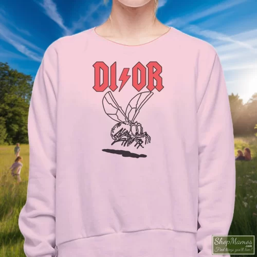 Dior Acdc Women’s Sweatshirt – Light Pink Front View On Dark Wood Background Women's Dior Acdc Sweatshirt In Light Pink, Front View On Dark Wood Background